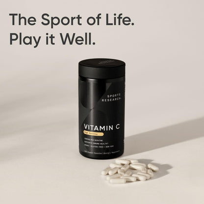 Close up of Sports Research family owned brand vitamin C 1000mg formulation details.