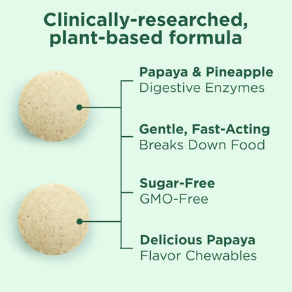 Yuve plant based chewable papaya enzymes supplement bottle showing vegan non GMO seals