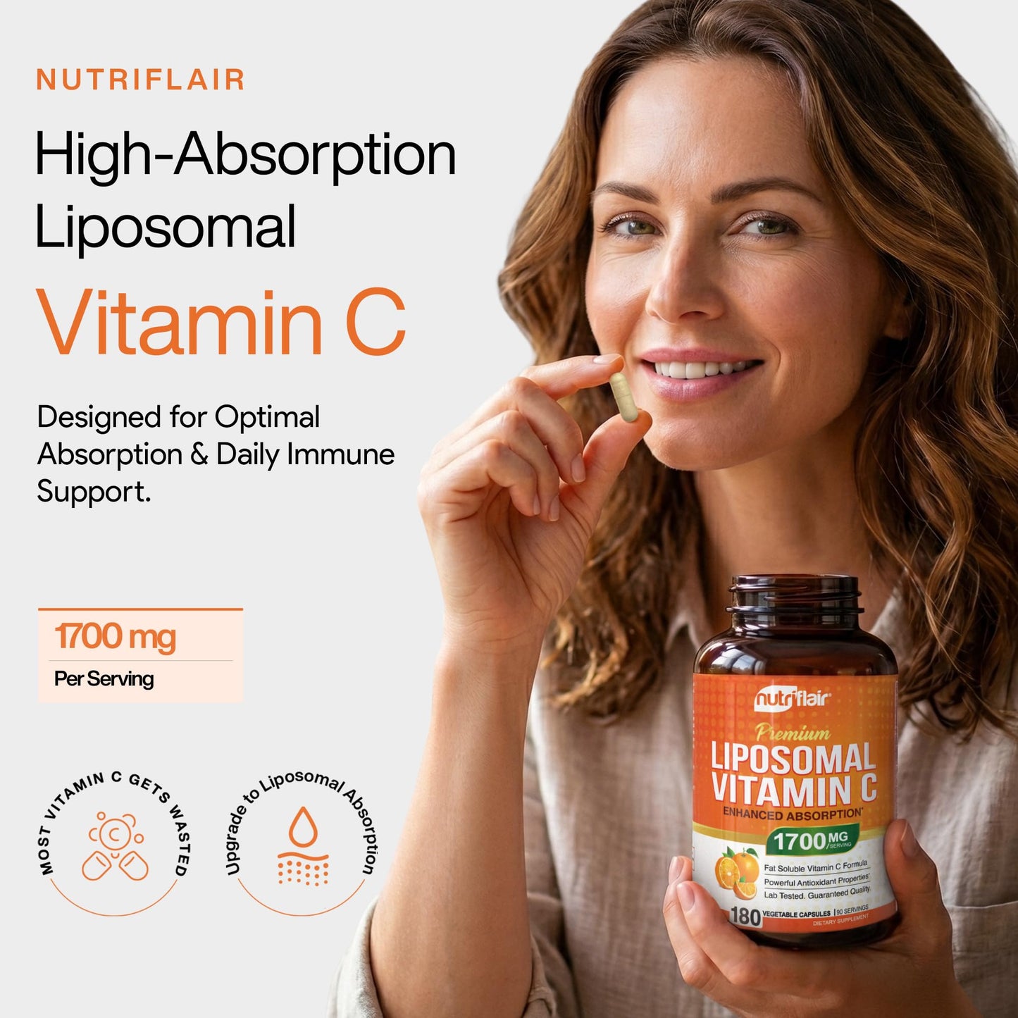 NutriFlair Liposomal Vitamin C 180 capsules supplement details and dietary facts panel