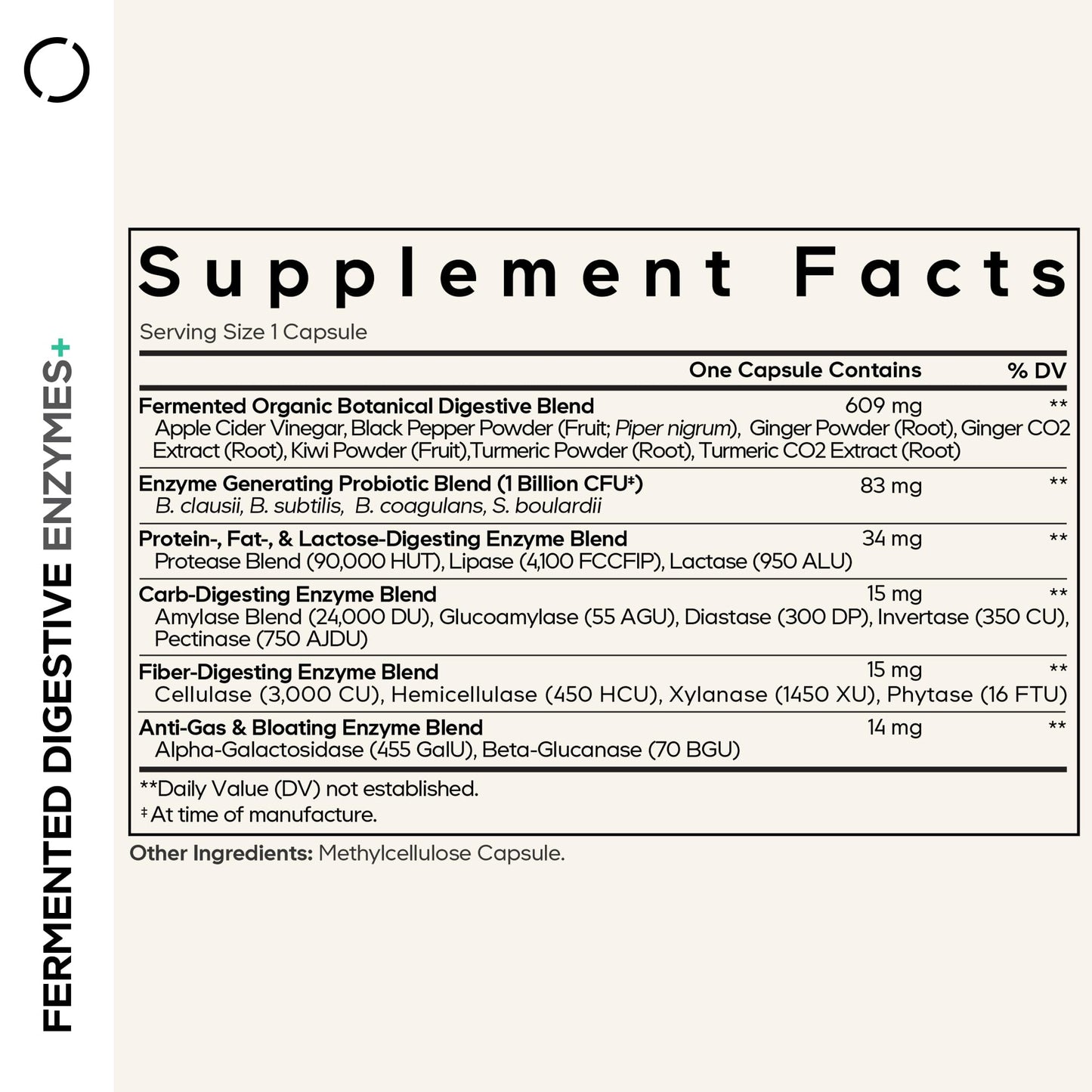 Codeage Fermented Digestive Enzymes supplement facts showing 14 food enzymes and probiotic blend