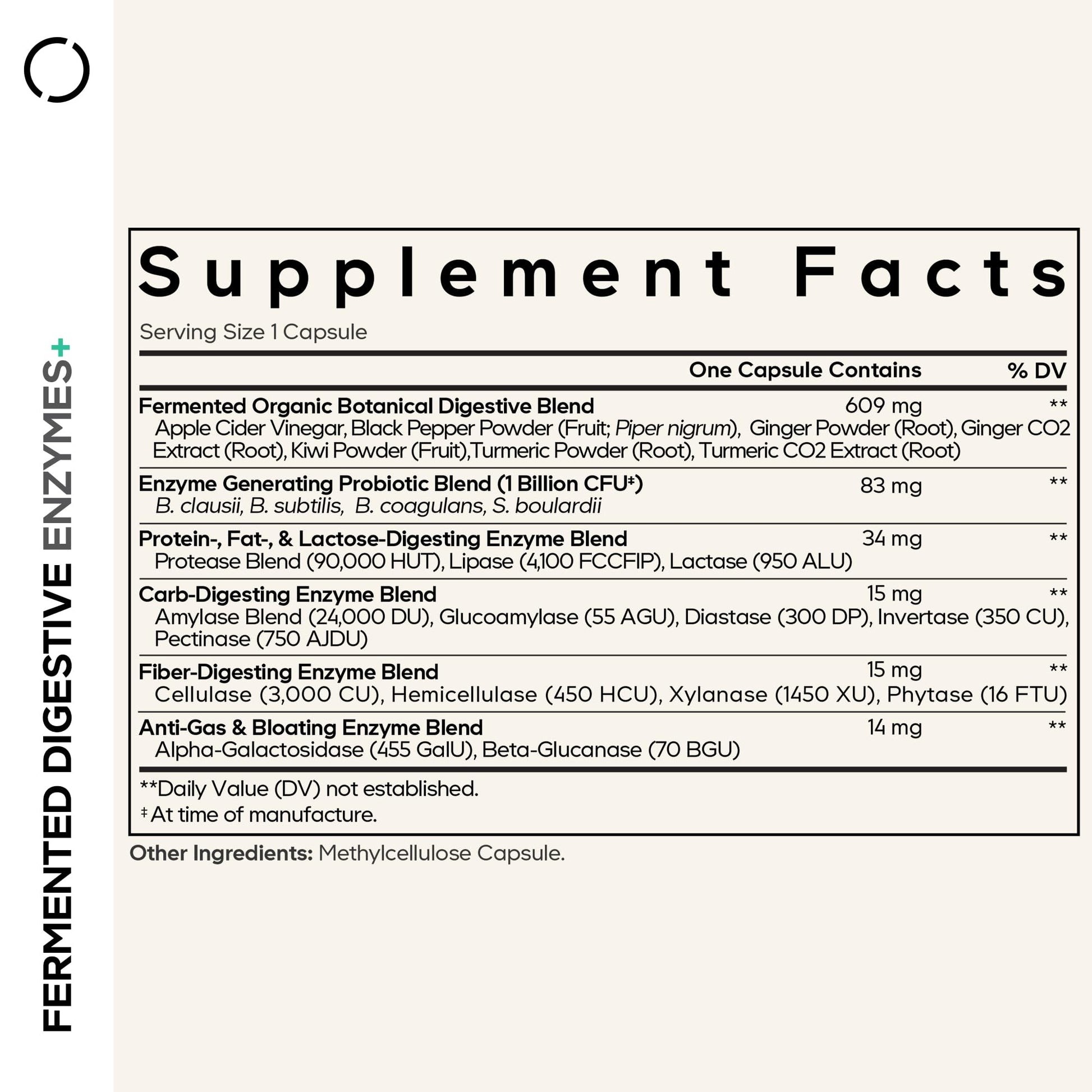 Codeage Fermented Digestive Enzymes supplement facts showing 14 food enzymes and probiotic blend