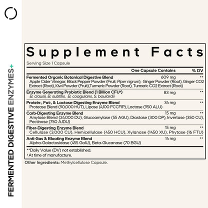 Codeage Fermented Digestive Enzymes supplement facts showing 14 food enzymes and probiotic blend
