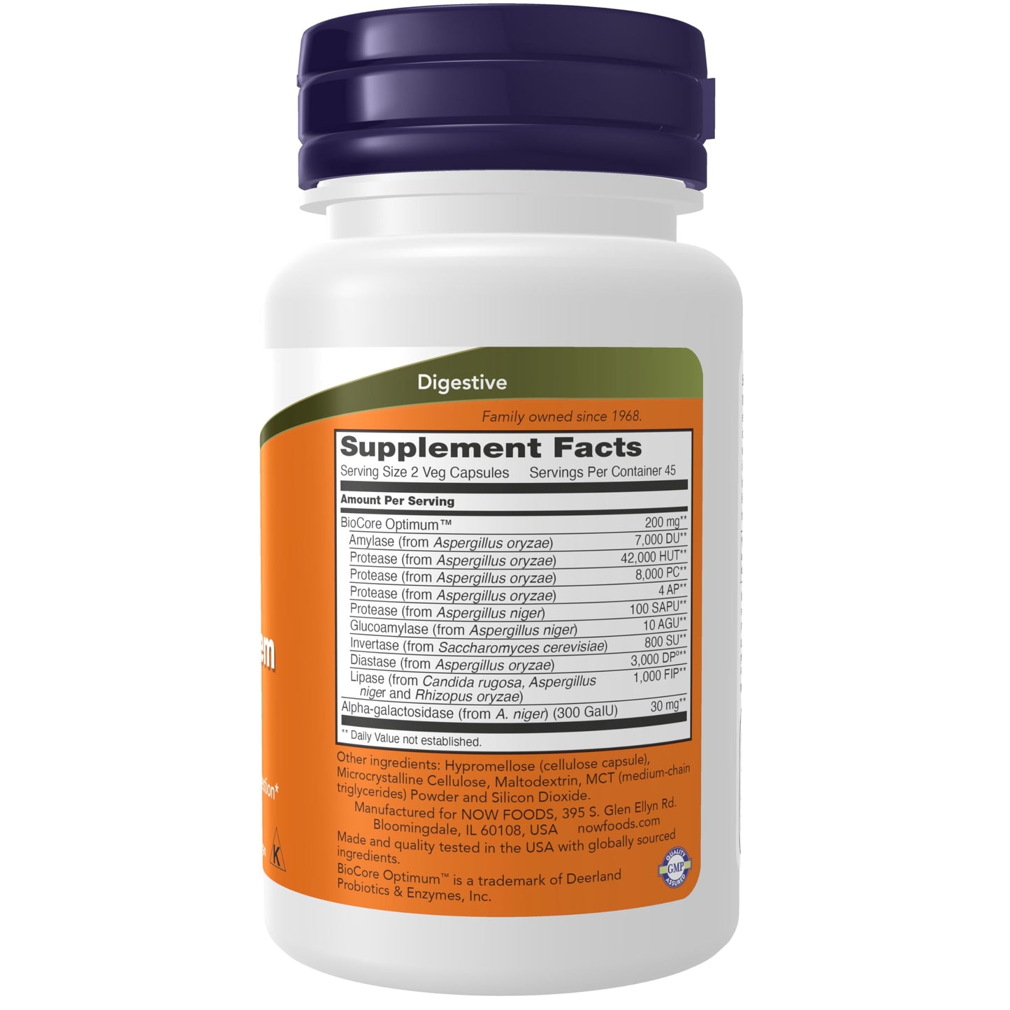 NOW Foods plant based digestive supplement container displaying BioCore Optimum blend benefits.