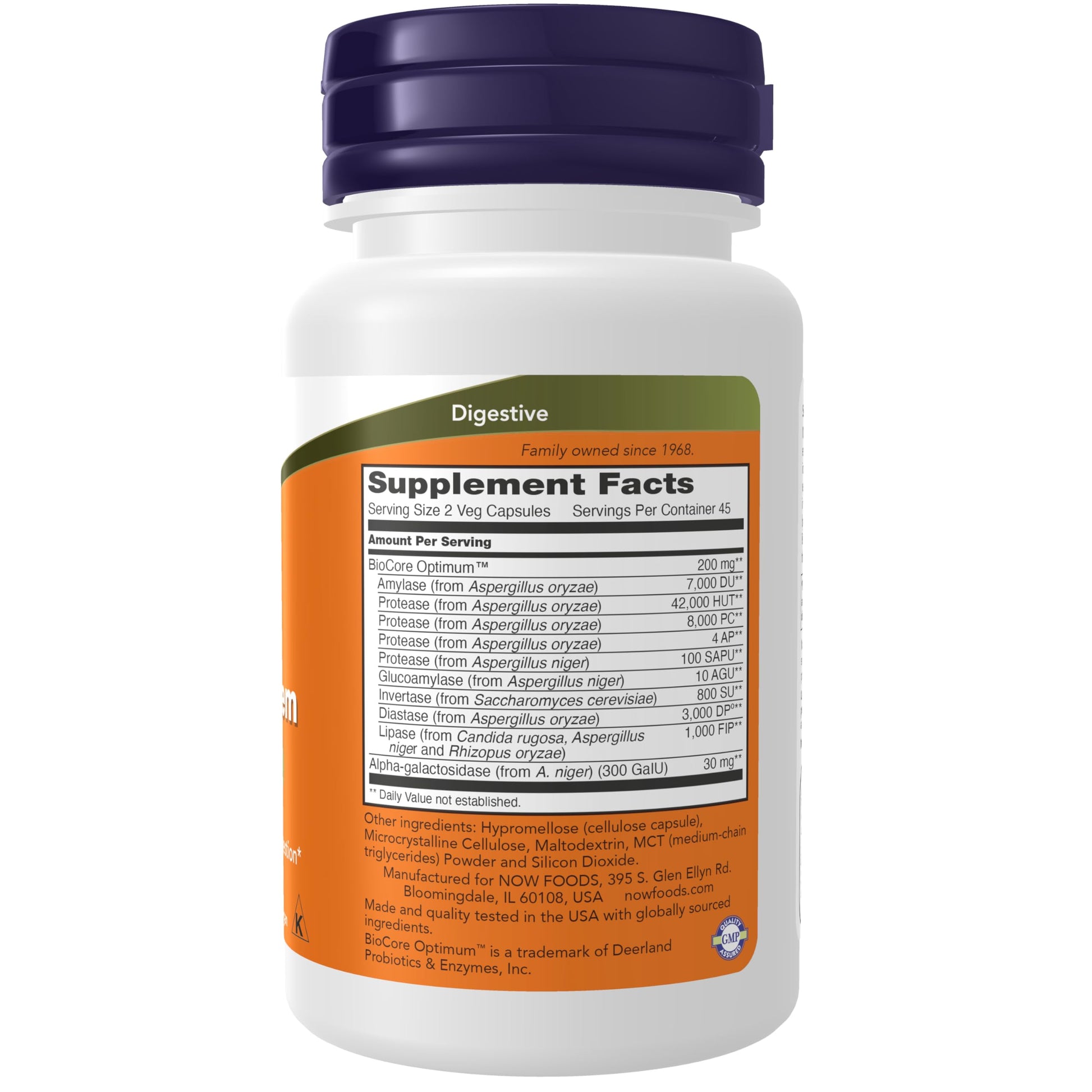 NOW Foods plant based digestive supplement container displaying BioCore Optimum blend benefits.