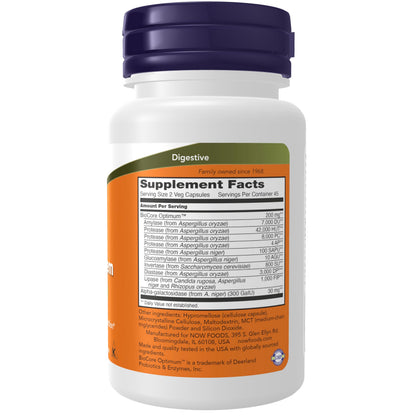 NOW Foods plant based digestive supplement container displaying BioCore Optimum blend benefits.