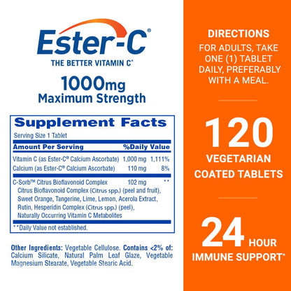 Ester-C 1000 mg bottle showing non acidic and stomach friendly label specifications