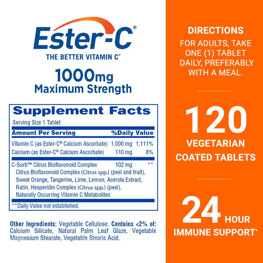 Ester-C 1000 mg bottle showing non acidic and stomach friendly label specifications