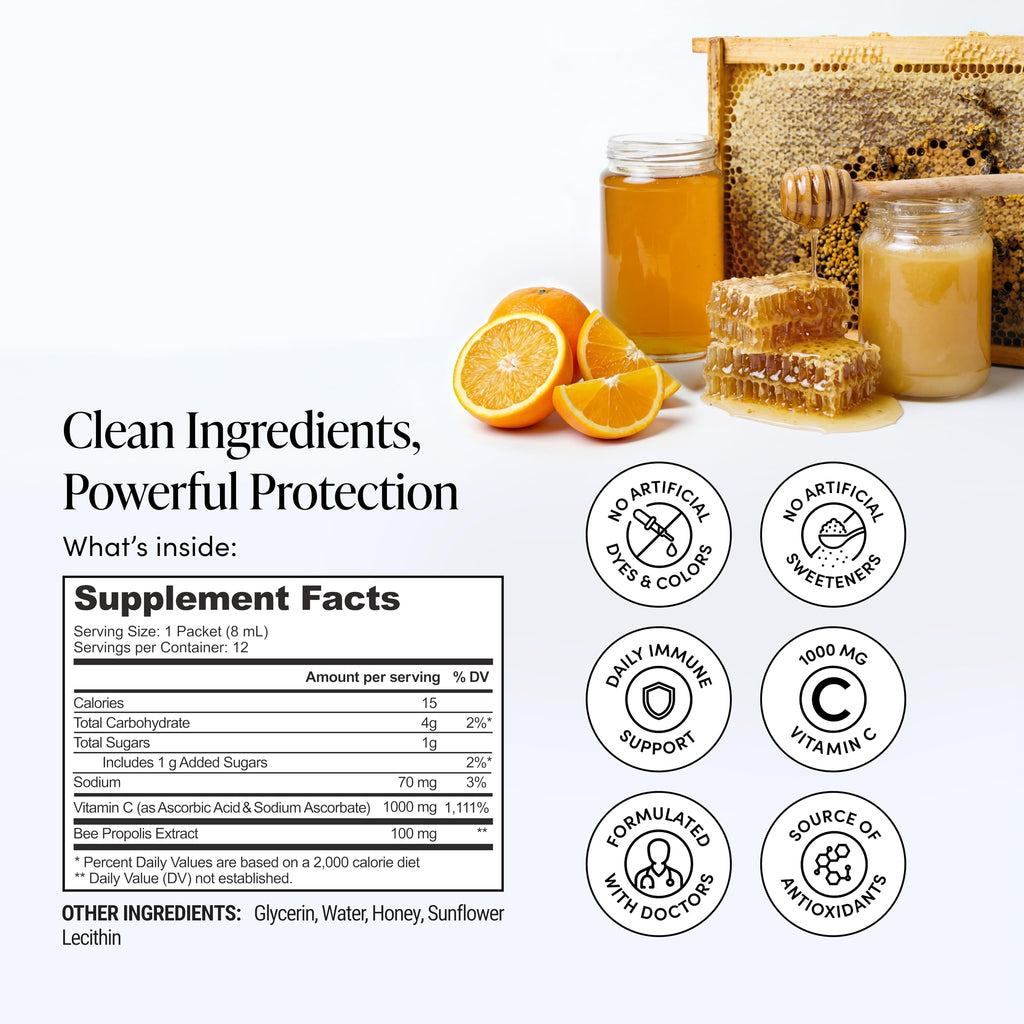 Single serving liquid sachet packets of propolis and vitamin C
