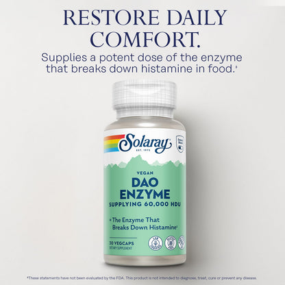 Enteric Shield vegetable capsules of Solaray DAO enzyme showing plant based pea sprout formula