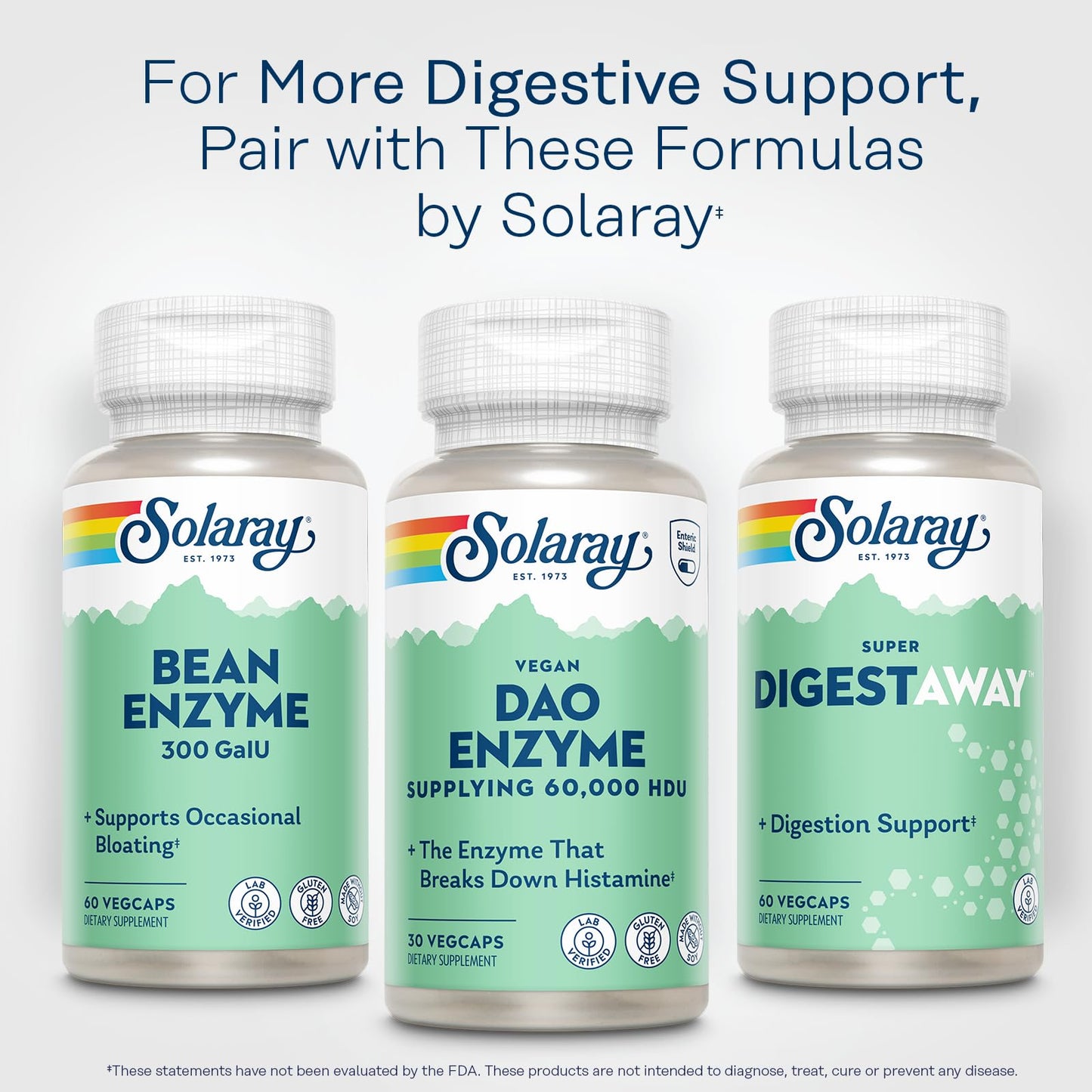 Authentic imported Solaray digestive enzyme container showcasing clean plant sourced ingredients