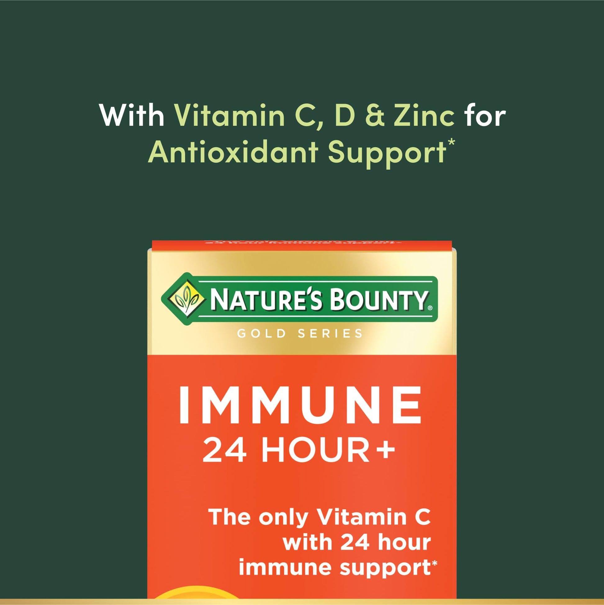 Nature's Bounty Gold Series packaging showing Ester-C, Vitamin D3, and Zinc ingredients.