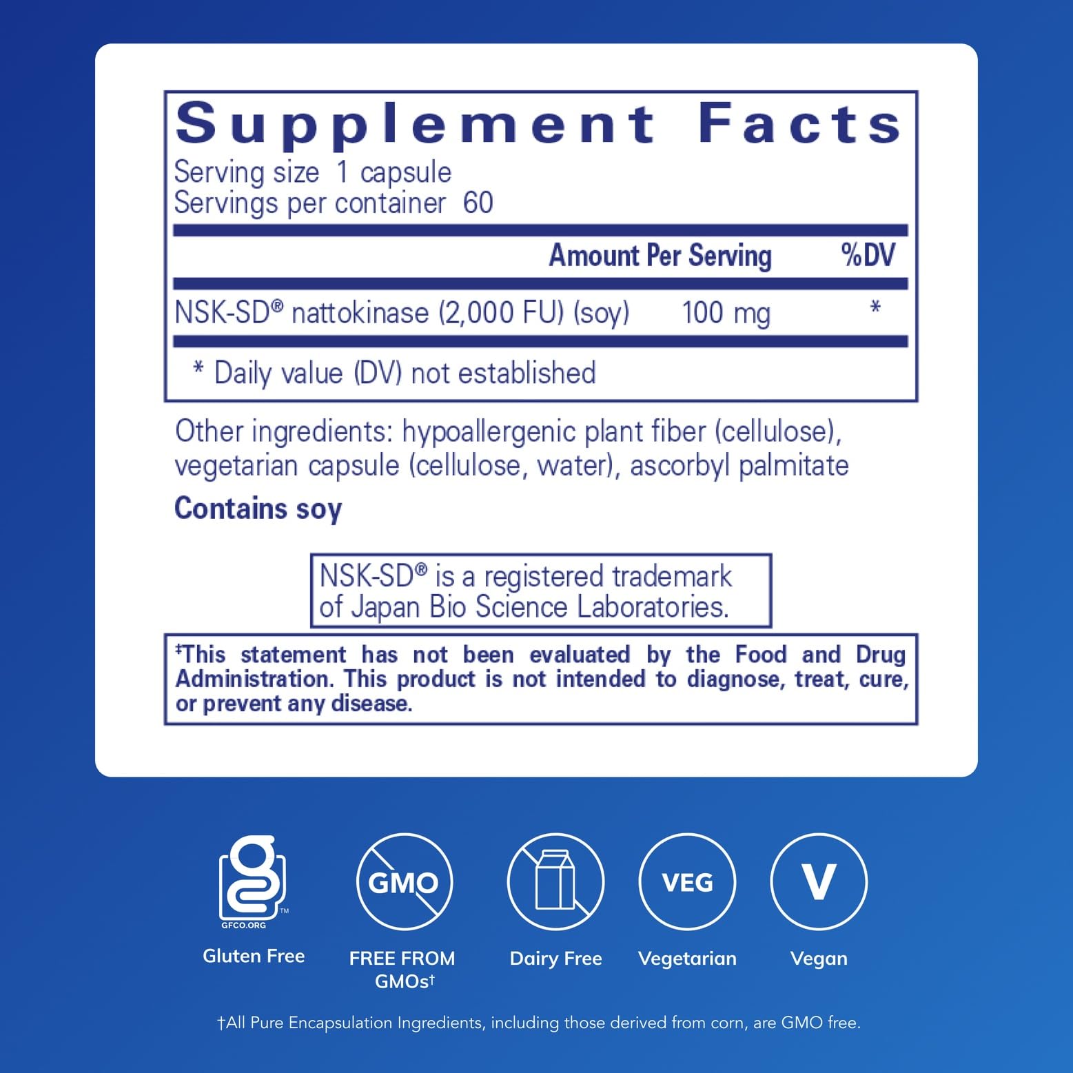 Side view of Pure Encapsulations Nattokinase 60 capsules supplement facts panel and non-GMO seal.