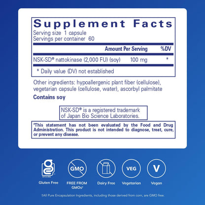 Side view of Pure Encapsulations Nattokinase 60 capsules supplement facts panel and non-GMO seal.