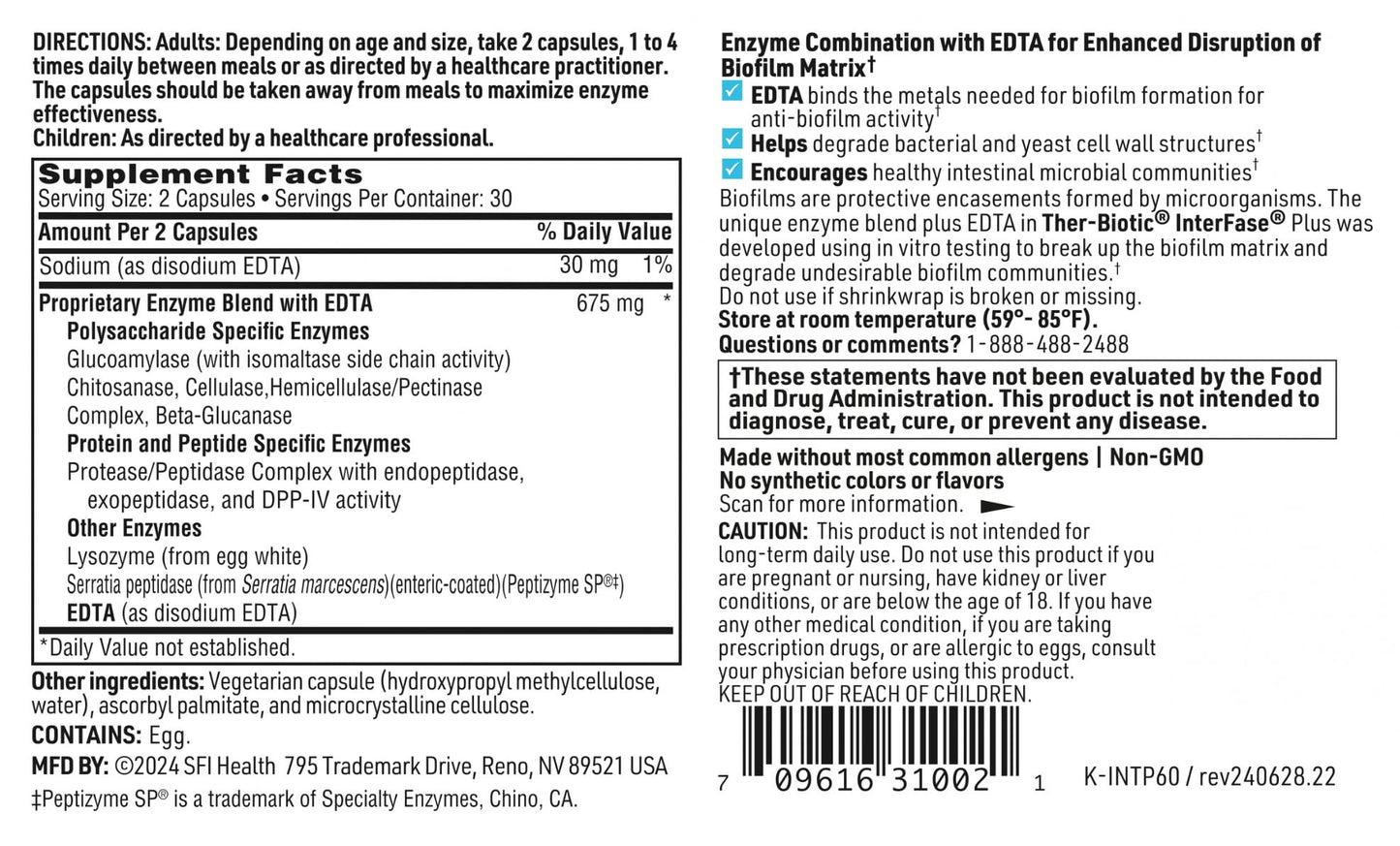 Imported Klaire Labs InterFase Plus gut health supplement allergen safety warning