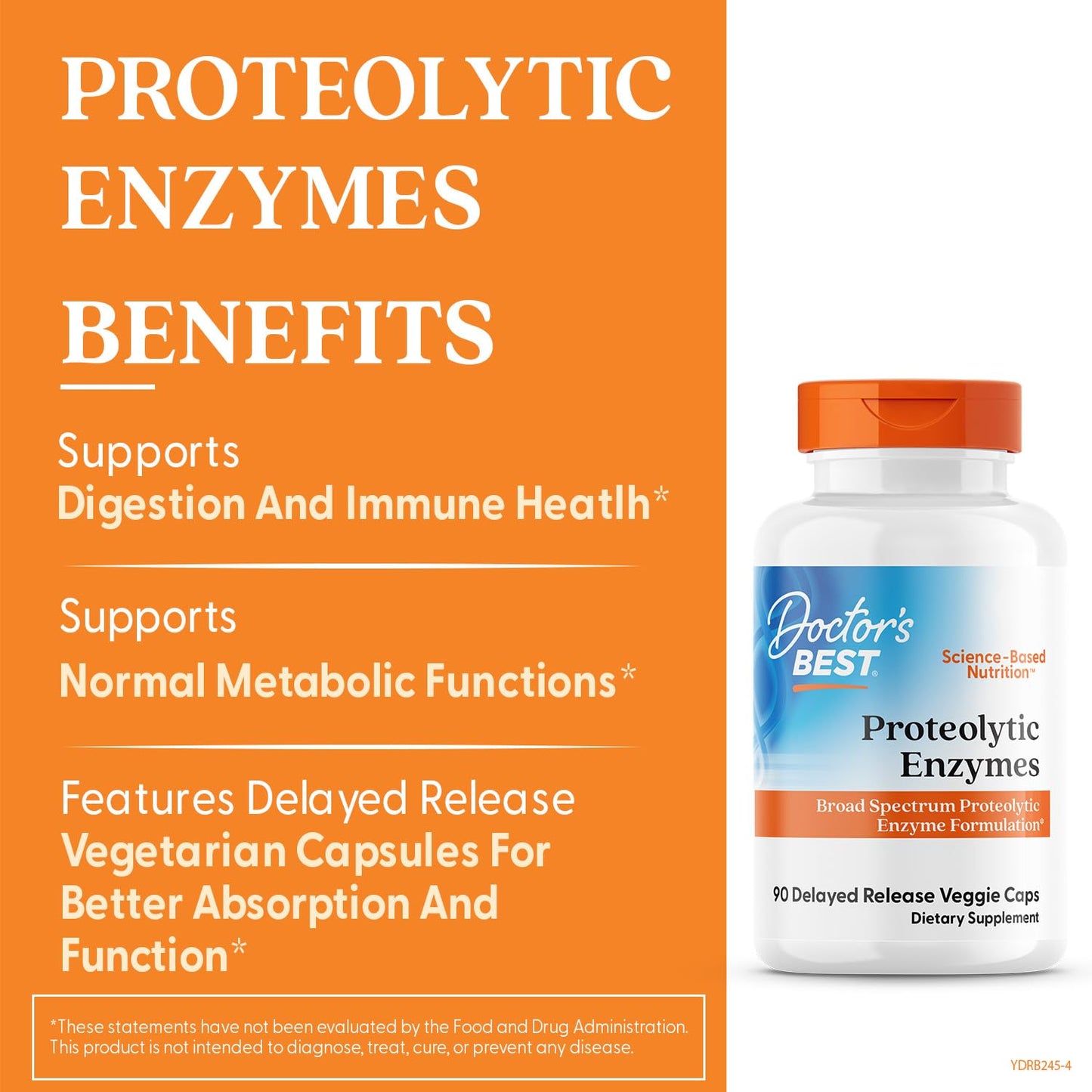 Doctor's Best Proteolytic Enzymes delayed release vegetarian capsules displayed next to the product bottle