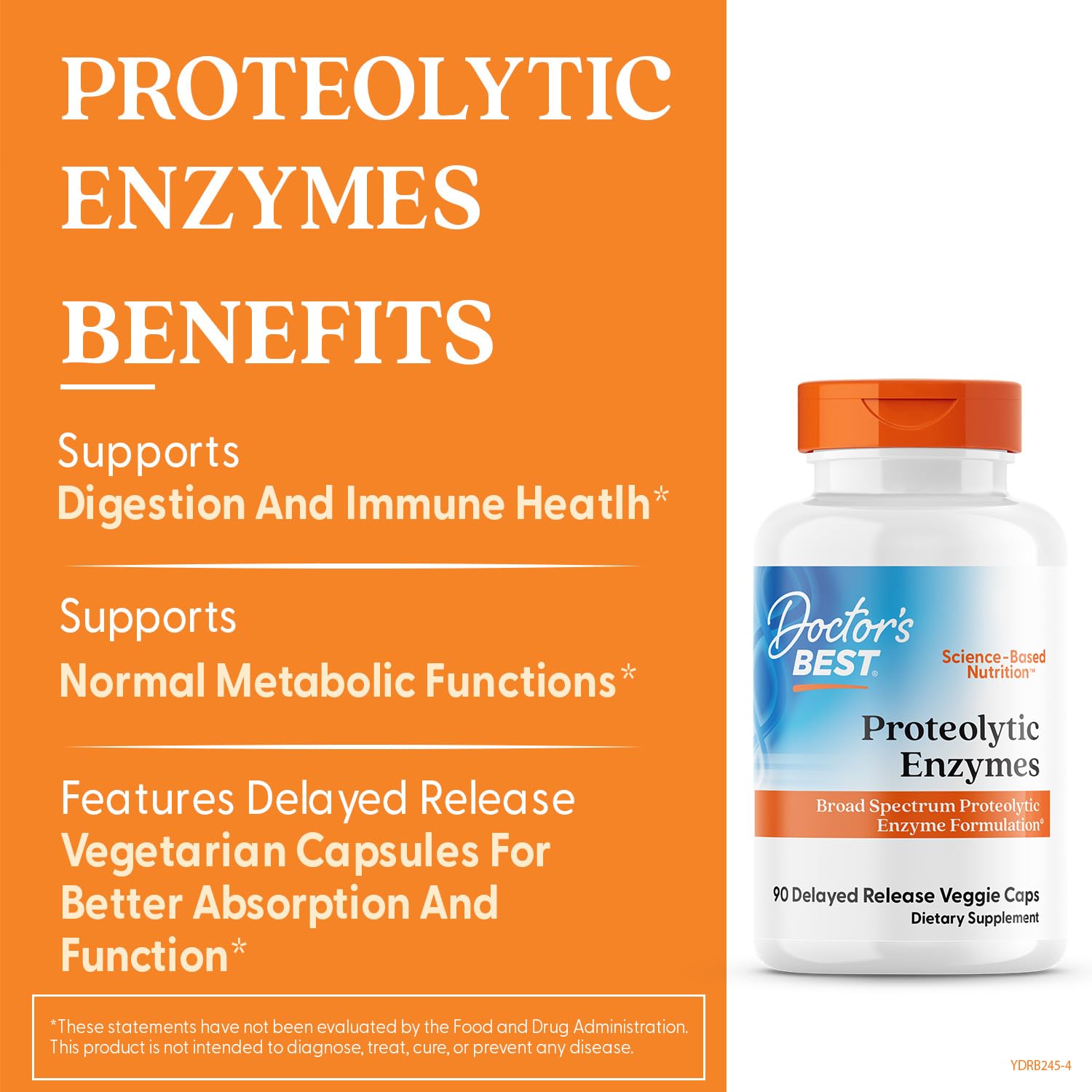 Doctor's Best Proteolytic Enzymes delayed release vegetarian capsules displayed next to the product bottle