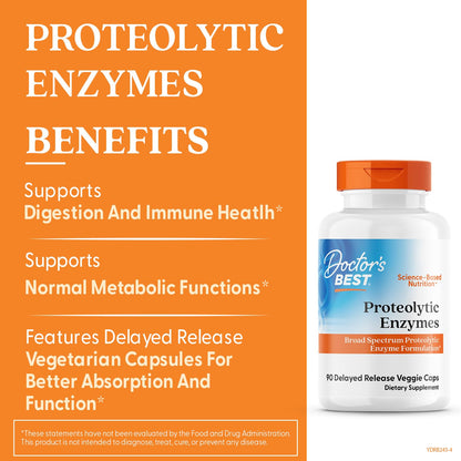 Doctor's Best Proteolytic Enzymes delayed release vegetarian capsules displayed next to the product bottle
