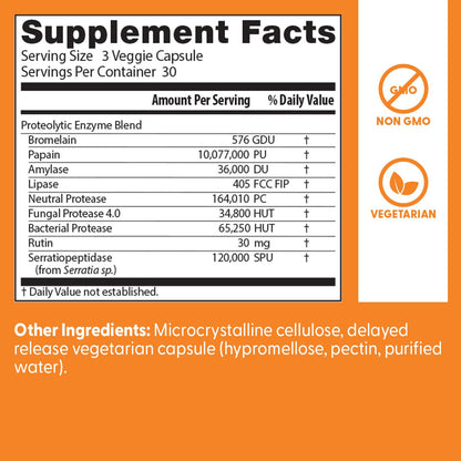 Doctor's Best Proteolytic Enzymes 90 veggie caps side view showing non-GMO and vegetarian verification labels