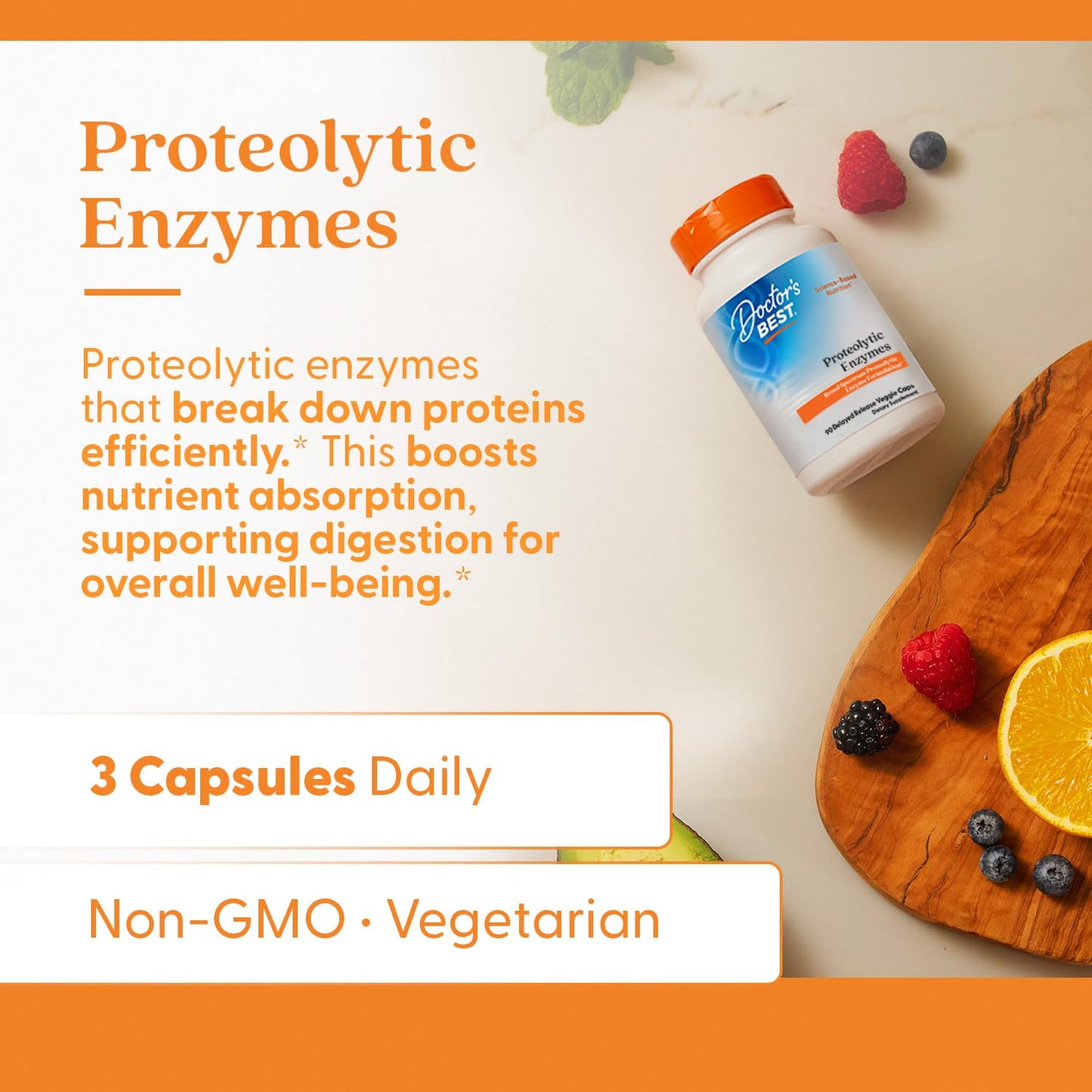 Doctor's Best Proteolytic Enzymes packaging details highlighting science-based nutrition for protein digestion