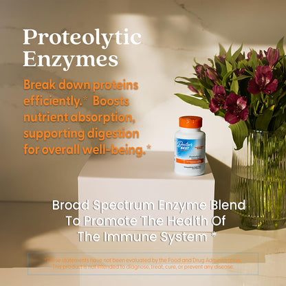 Doctor's Best Proteolytic Enzymes broad spectrum dietary supplement bottle resting on a clean surface
