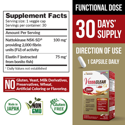 LABO Nutrition VesseCLEAR EX bottle label detailing Nattokinase NSK-SD and Elastin F clinical ingredients