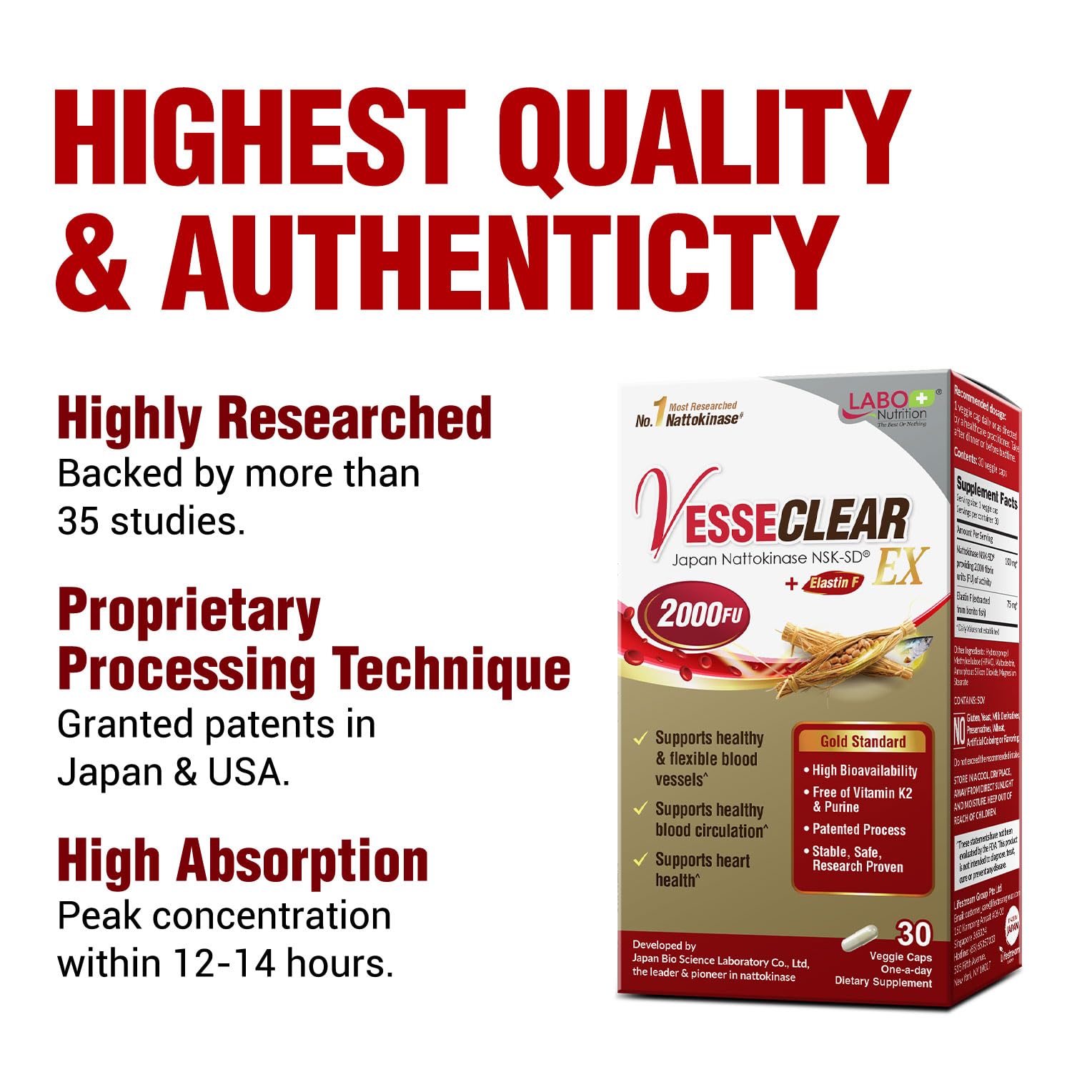 Side view of LABO Nutrition VesseCLEAR EX showing delayed-release vegetable capsule specifications