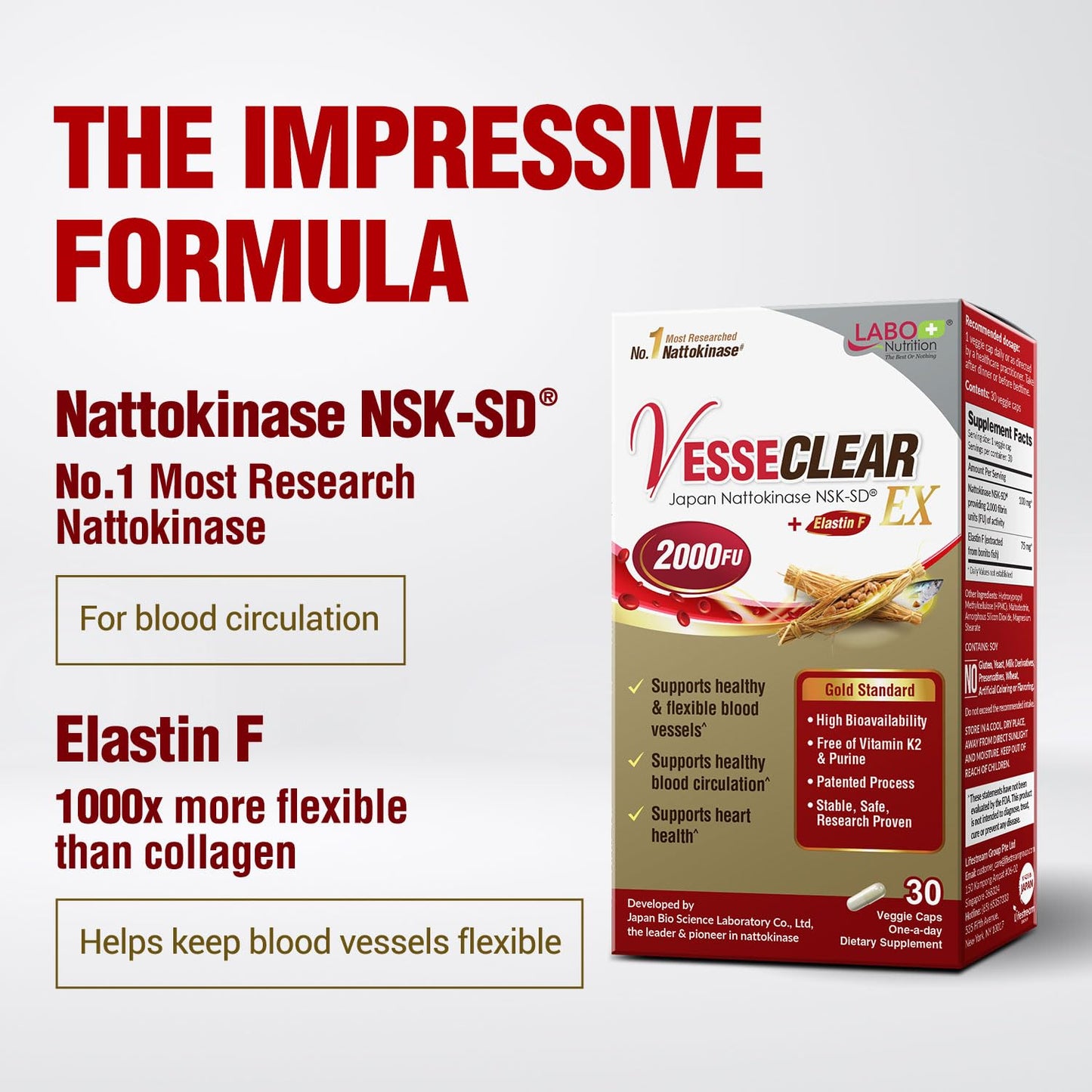 LABO Nutrition VesseCLEAR EX supplement facts showing 2000 FU nattokinase dosage information