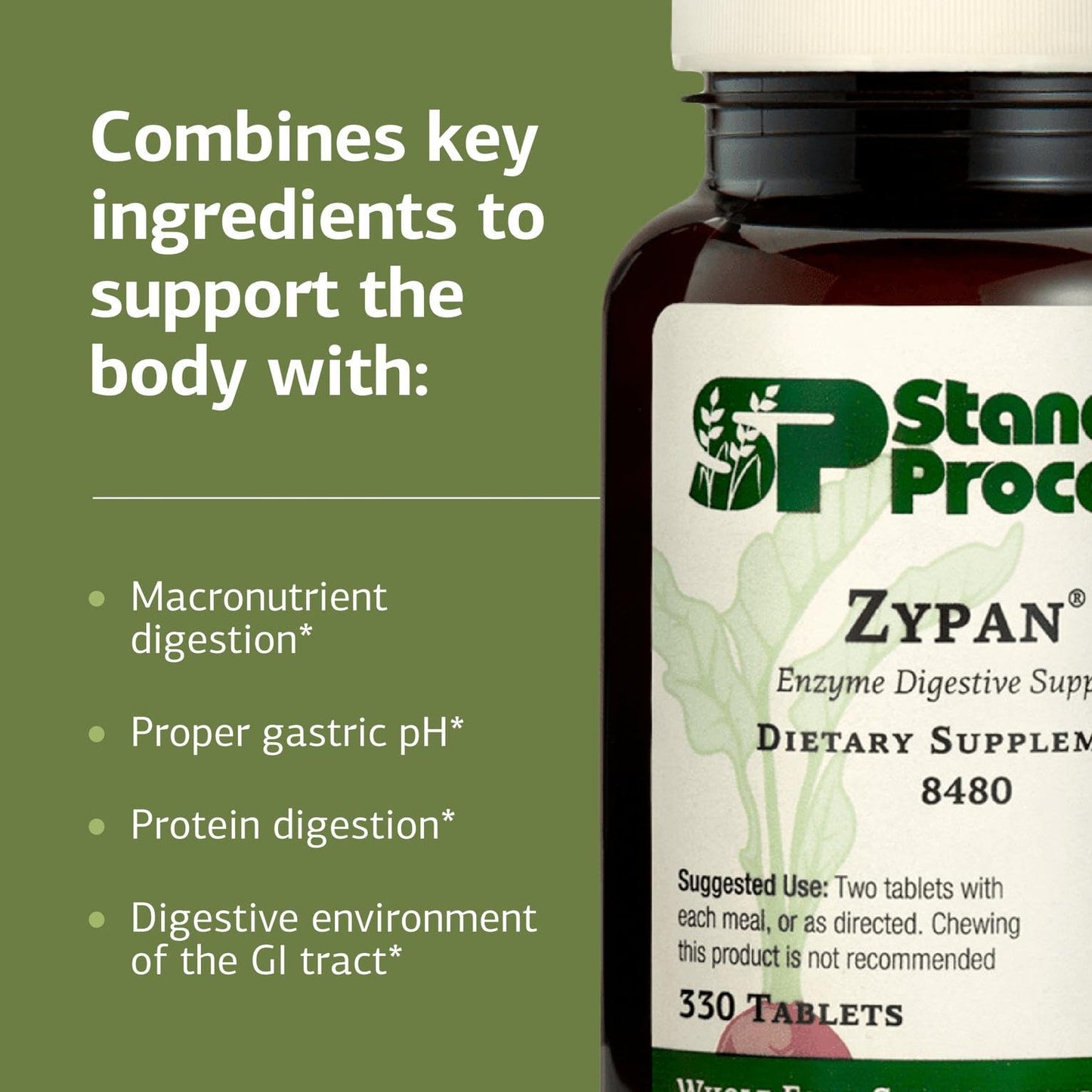 Standard Process Zypan digestive health supplement side view with allergen free certifications.