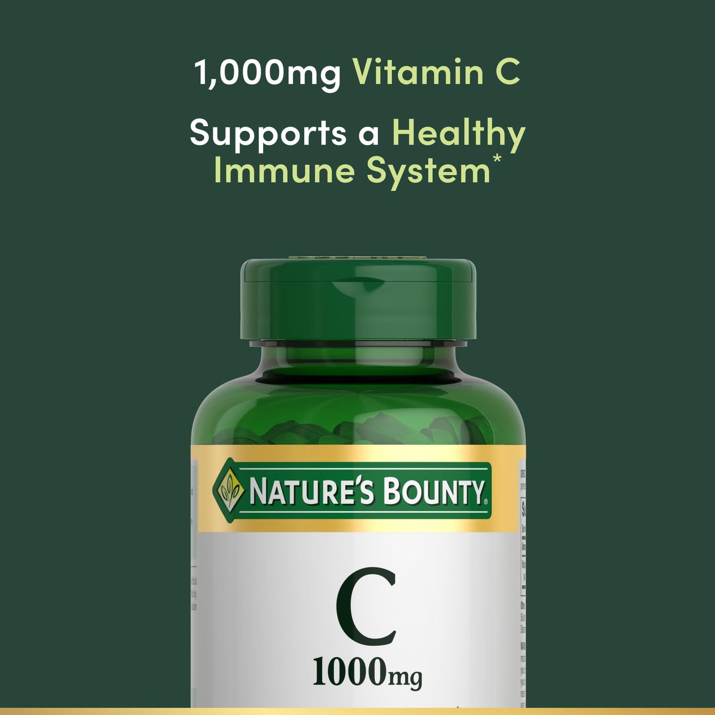 Side angle of Nature's Bounty green bottle showcasing the authentic imported vegetarian caplets certification