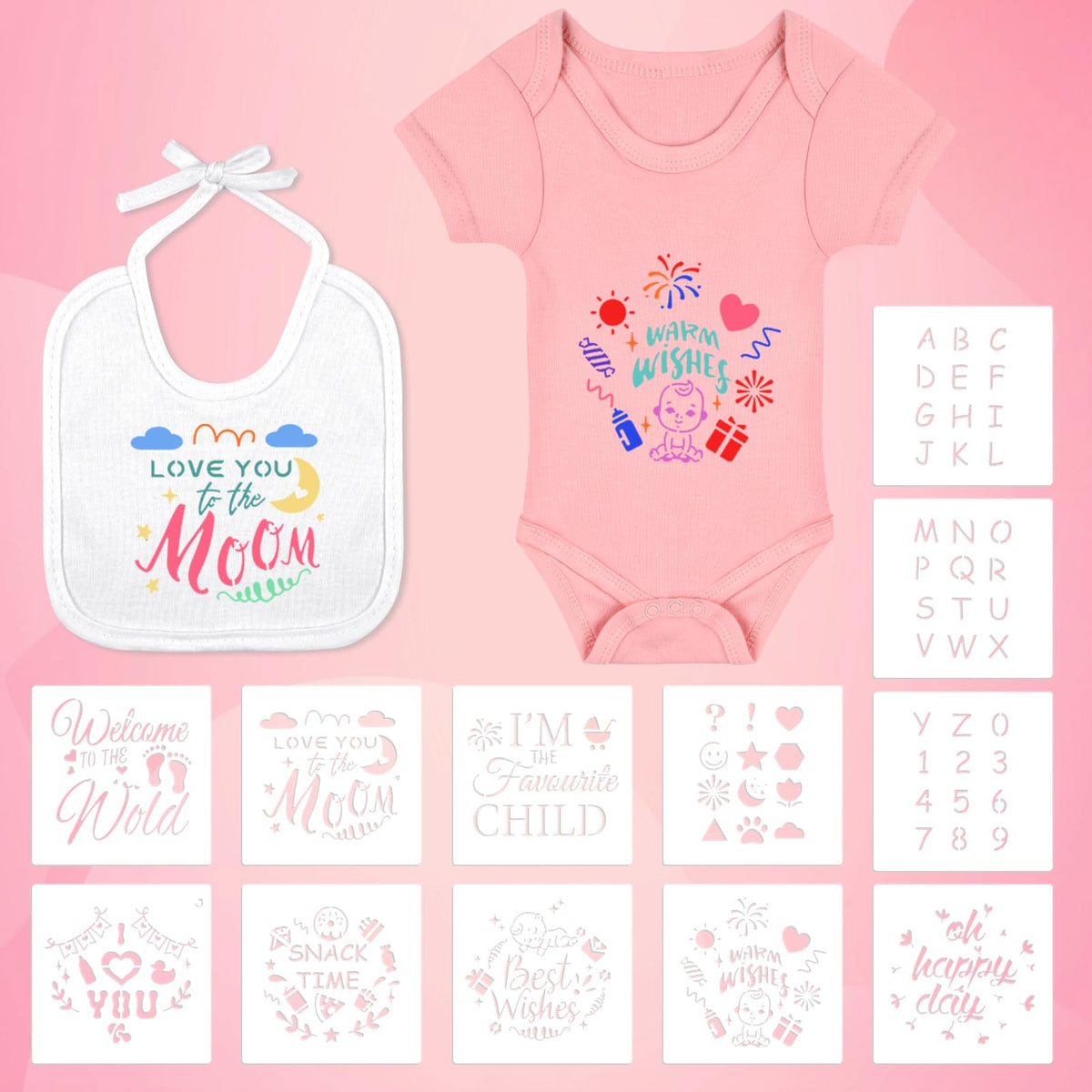 Full baby shower game kit contents including clothing and craft supplies