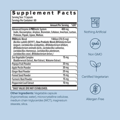 Zenwise Health women's digestive enzymes supplement label showing 10 enzyme blend ingredients.