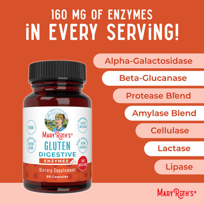 Close up of MaryRuth Organics gluten digestive enzyme capsule nutritional information label.