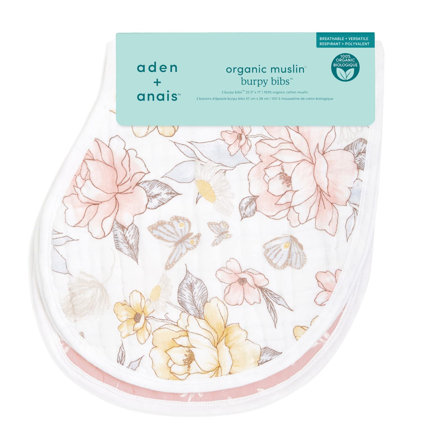Baby wearing Aden + Anais 100% organic muslin bib