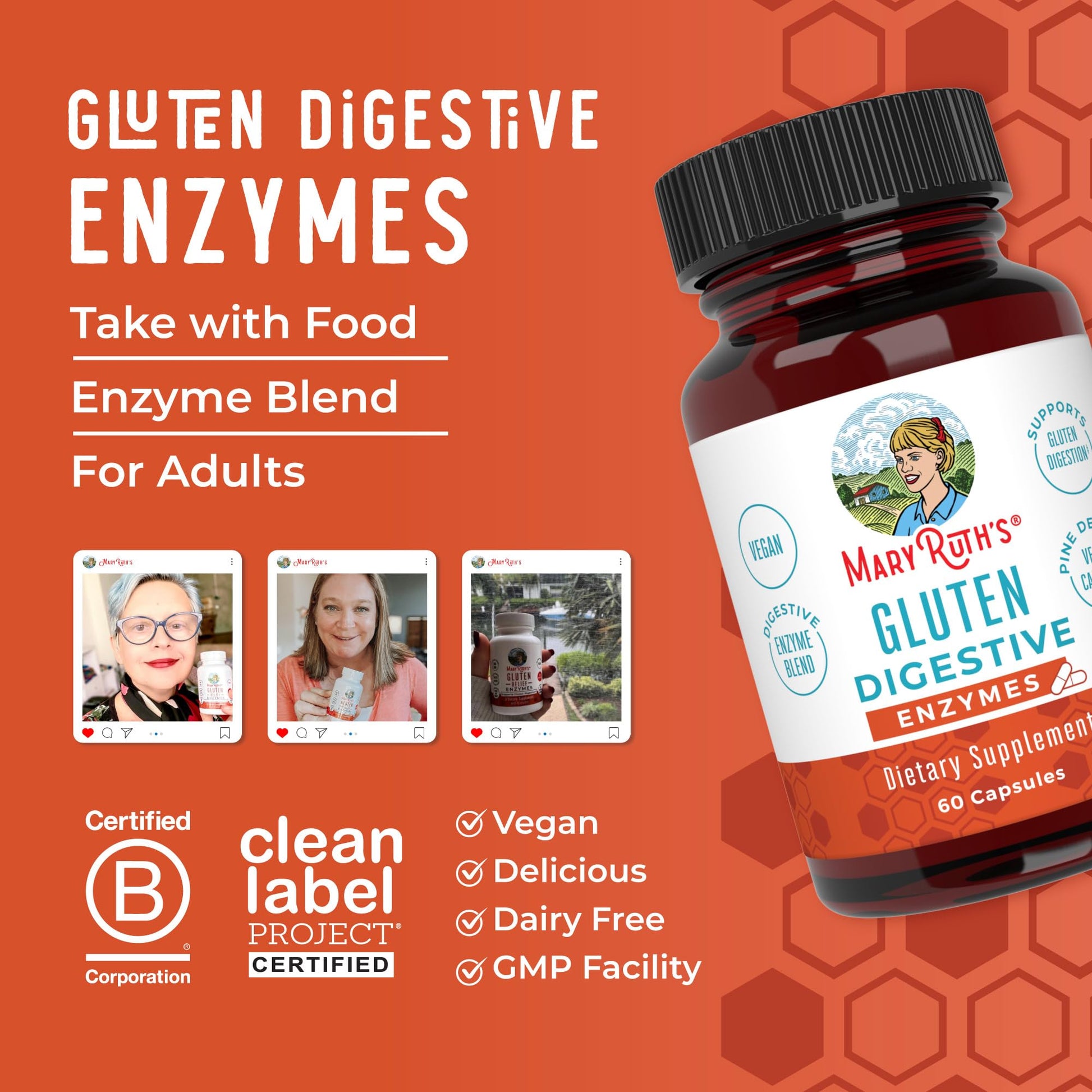 MaryRuth Organics non GMO gluten relief capsules bottle on clean background.