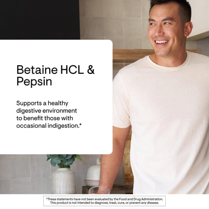 Thorne Betaine HCL and Pepsin capsule count details on the premium white bottle