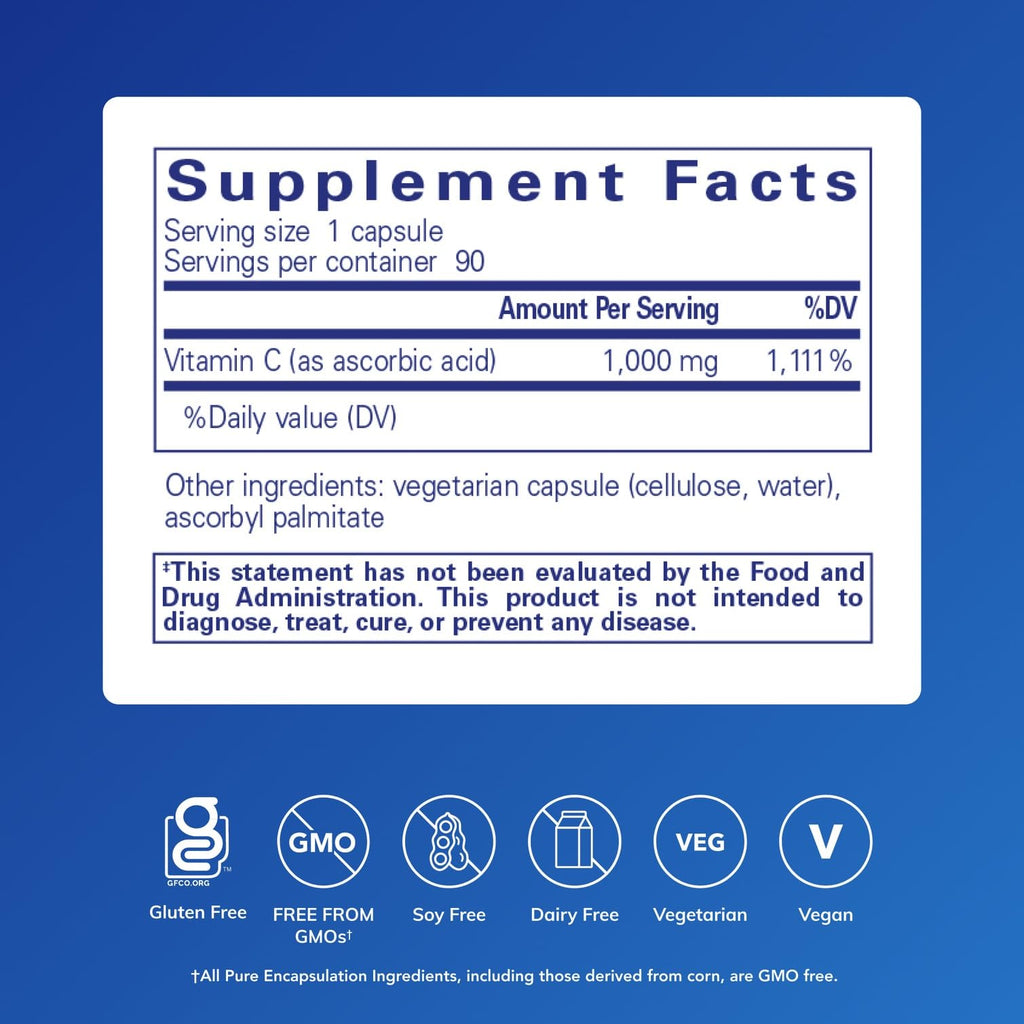 Pure Encapsulations Vitamin C supplement label showing ingredients and dosage