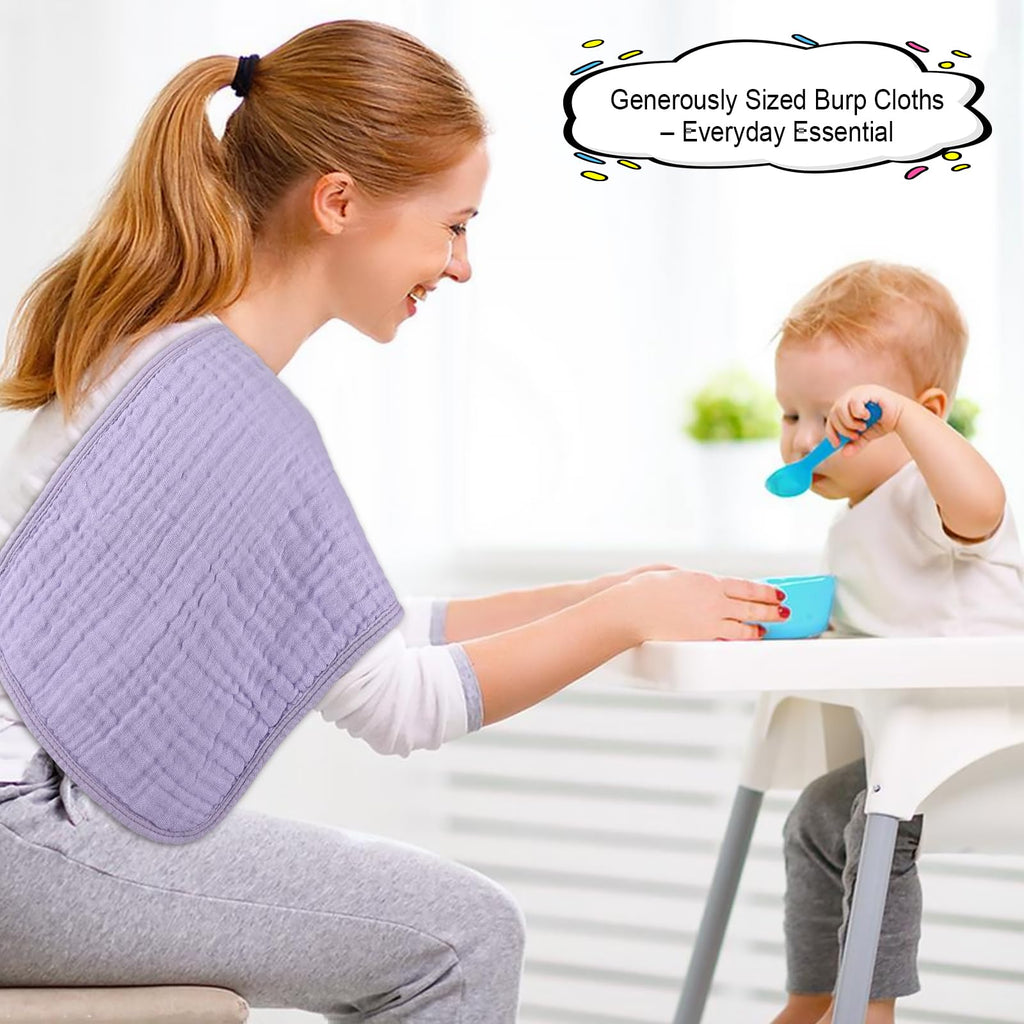 Caregiver using Arnzion muslin burp cloth on shoulder