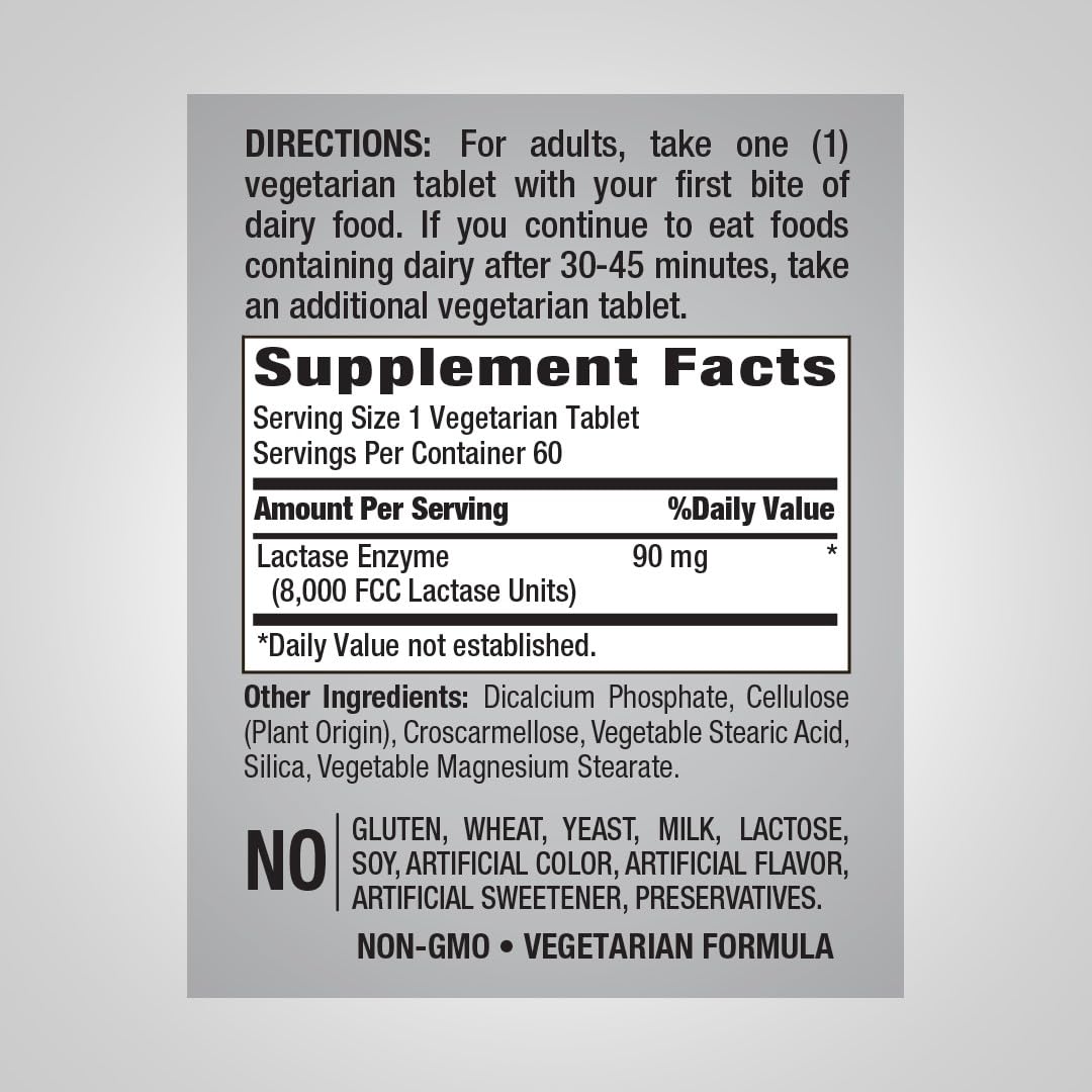 Piping Rock dairy relief supplement label details and FCC units