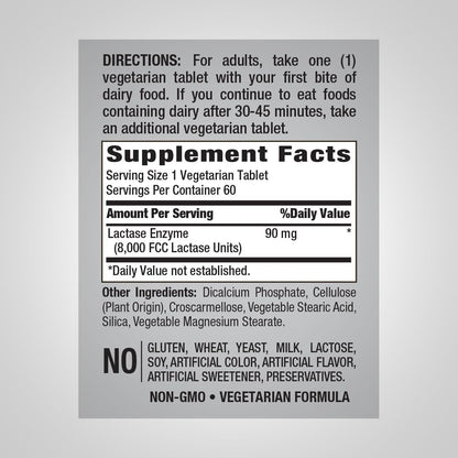 Piping Rock fast acting lactase enzyme supplement facts and ingredient label closeup