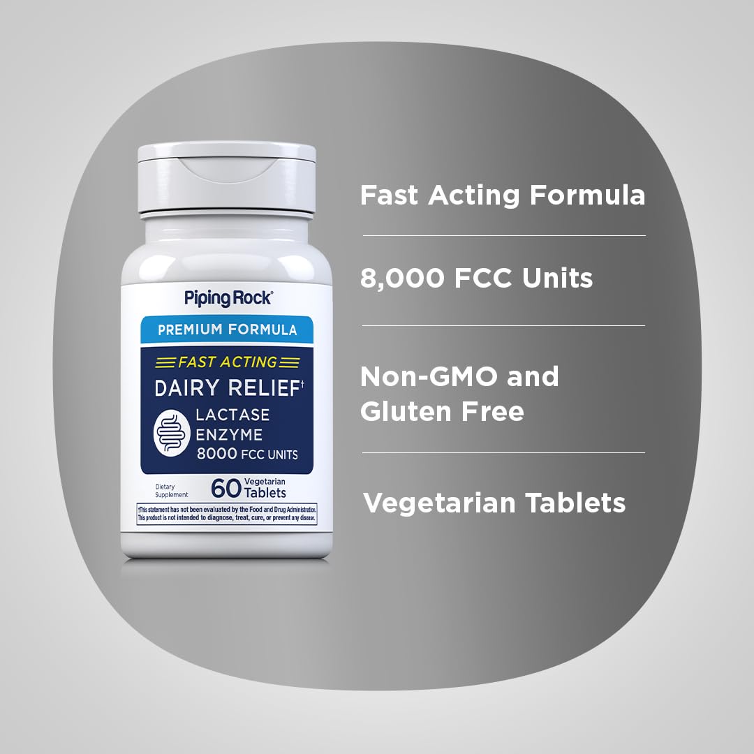 Piping Rock non GMO gluten free vegetarian lactase enzyme ninety hundred FCC tablets packaging side