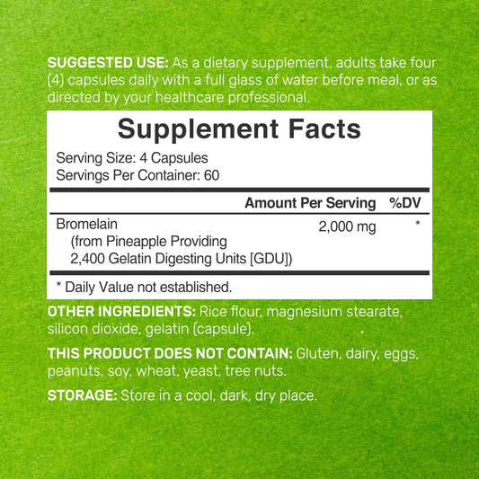Deal Supplement Bromelain supplement bottle showcasing the 2400 GDU per gram formulation facts.