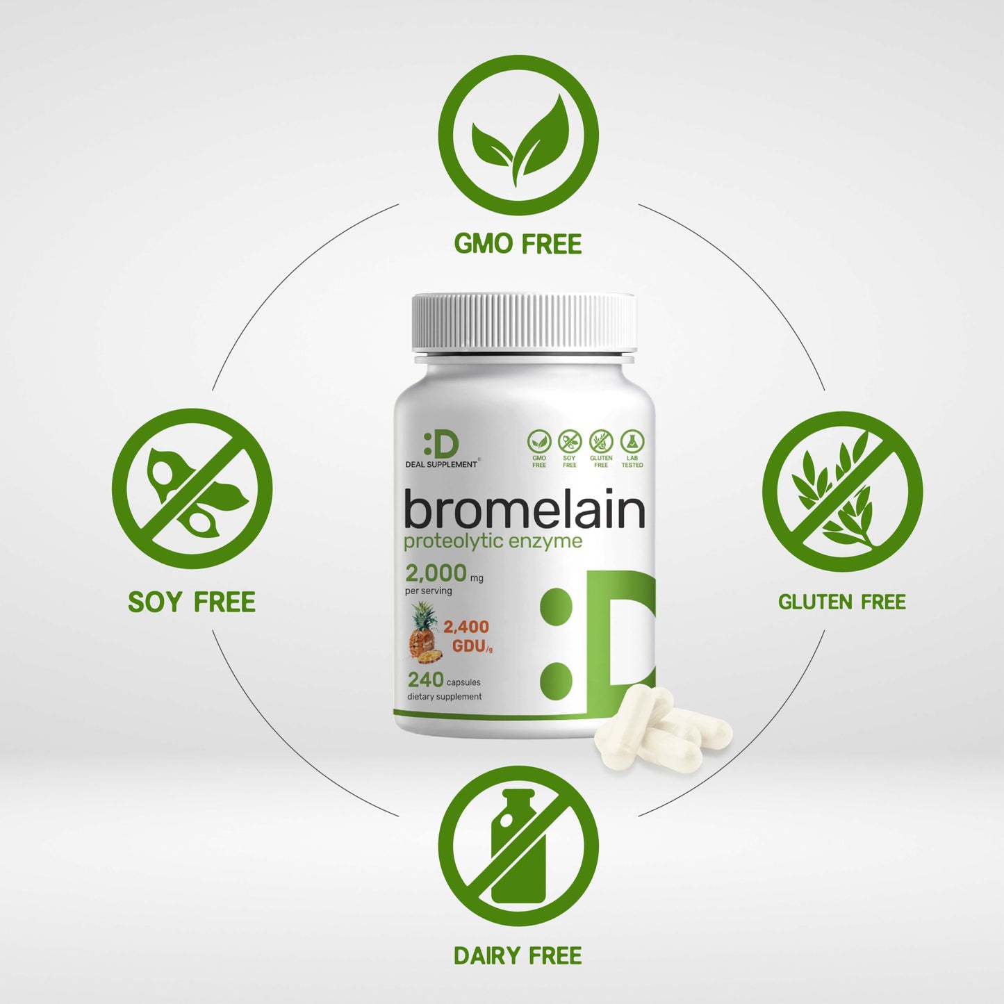 Side angle of pineapple enzyme digestive support capsules bottle indicating non GMO and gluten free labels.