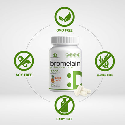 Side angle of pineapple enzyme digestive support capsules bottle indicating non GMO and gluten free labels.