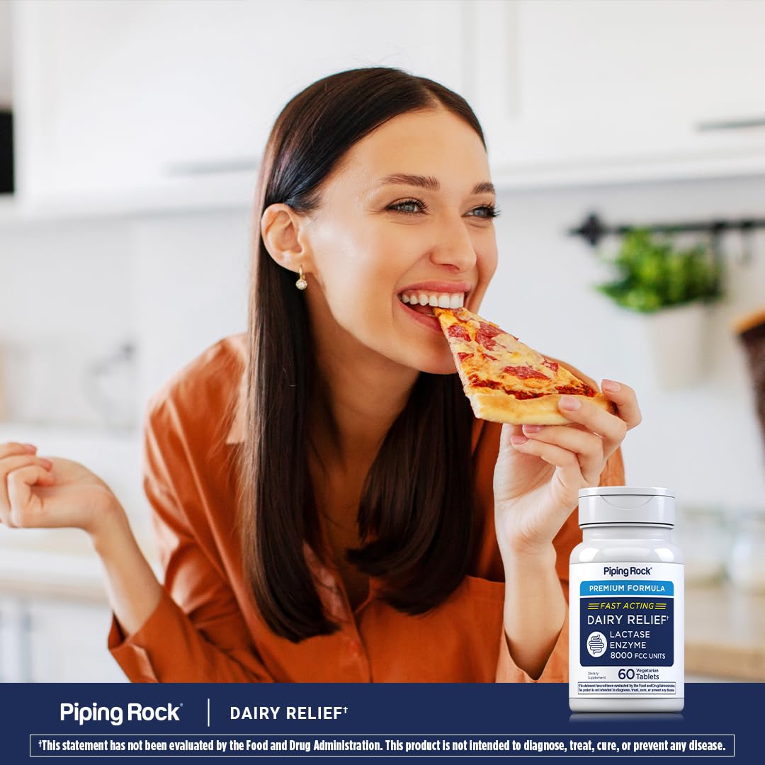 Piping Rock dairy relief pills showing ninety milligram dosage directions and warning label