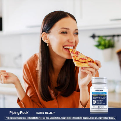 Piping Rock dairy relief pills showing ninety milligram dosage directions and warning label
