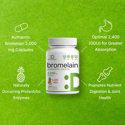 Deal Supplement Bromelain 2000mg supplement facts panel detailing serving size and pineapple ingredients.