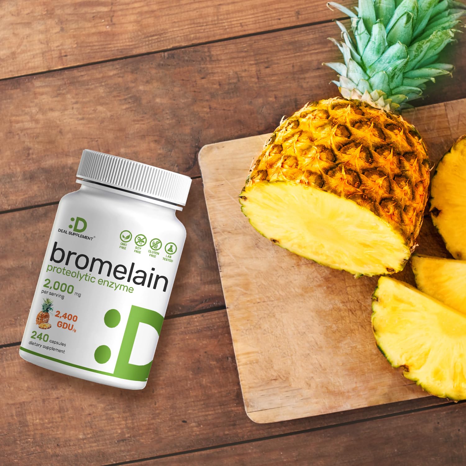 Deal Supplement Bromelain bottle placed alongside fresh pineapple imagery emphasizing the natural source.