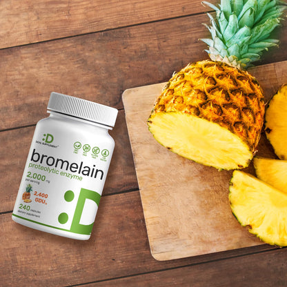 Deal Supplement Bromelain bottle placed alongside fresh pineapple imagery emphasizing the natural source.