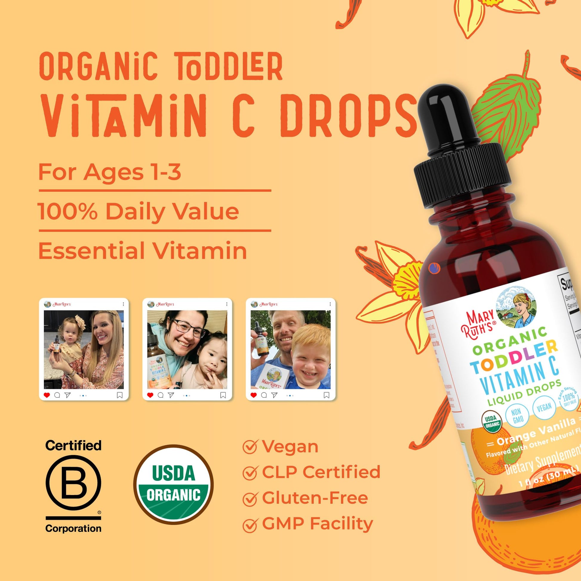Toddler vitamin C liquid drops by MaryRuth Organics authentic batch packaging view