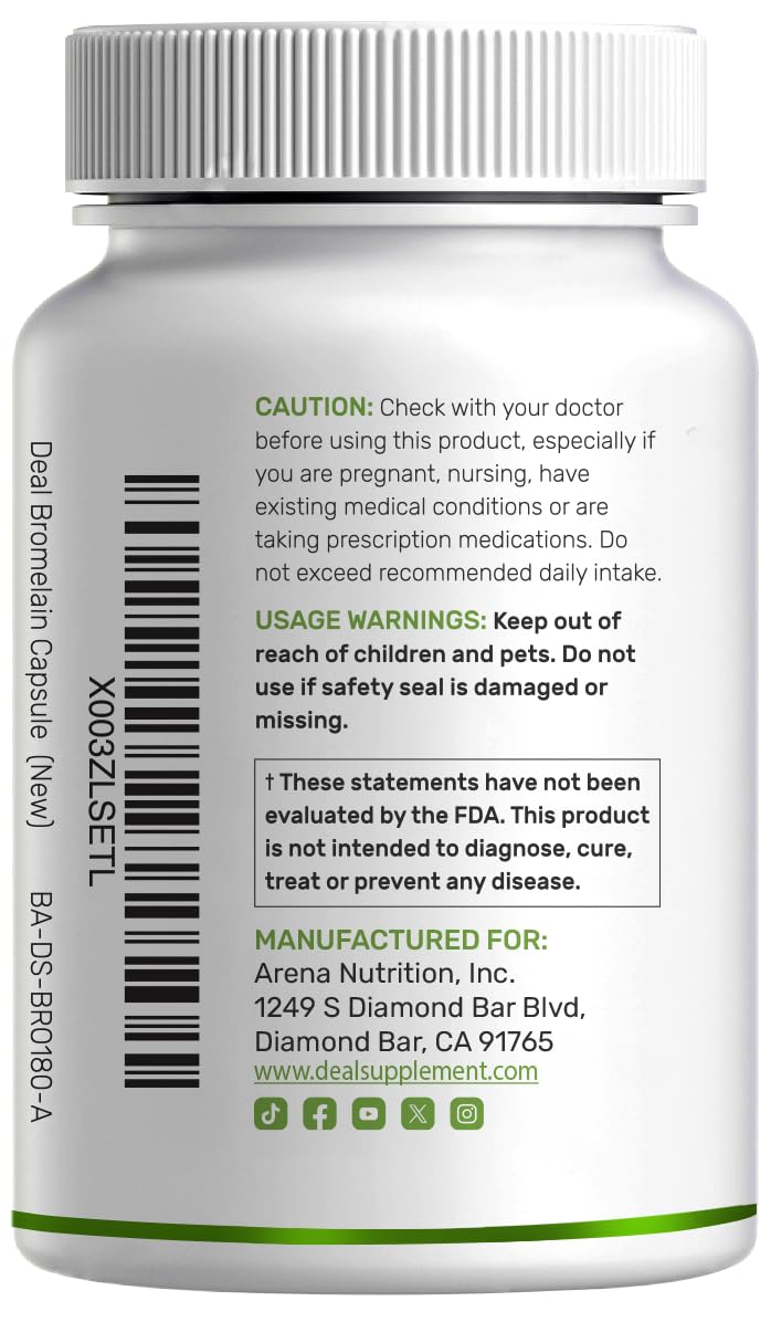 Premium imported Deal Supplement Bromelain 2000mg packaging demonstrating quality assurance and third party testing.